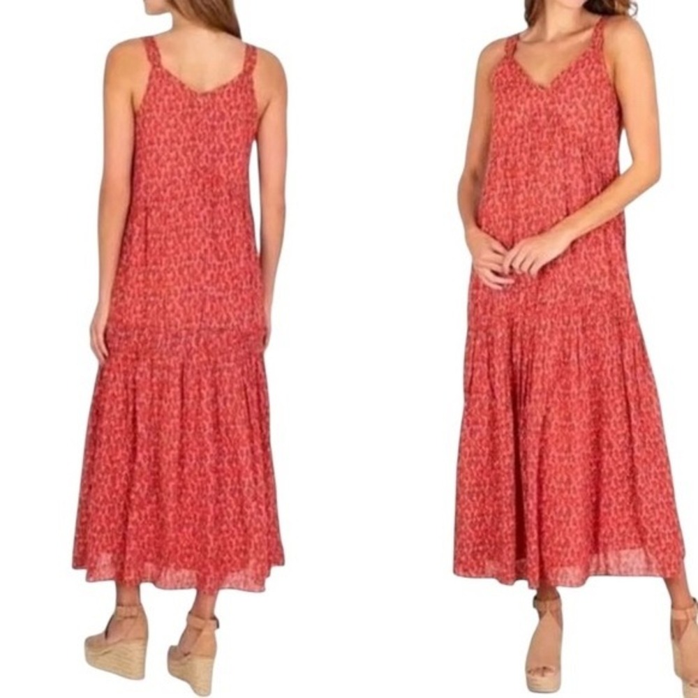 Joie Limited Edition $248 Red Pink Ikat Print Tiered Maxi Dress Large Sleeveless